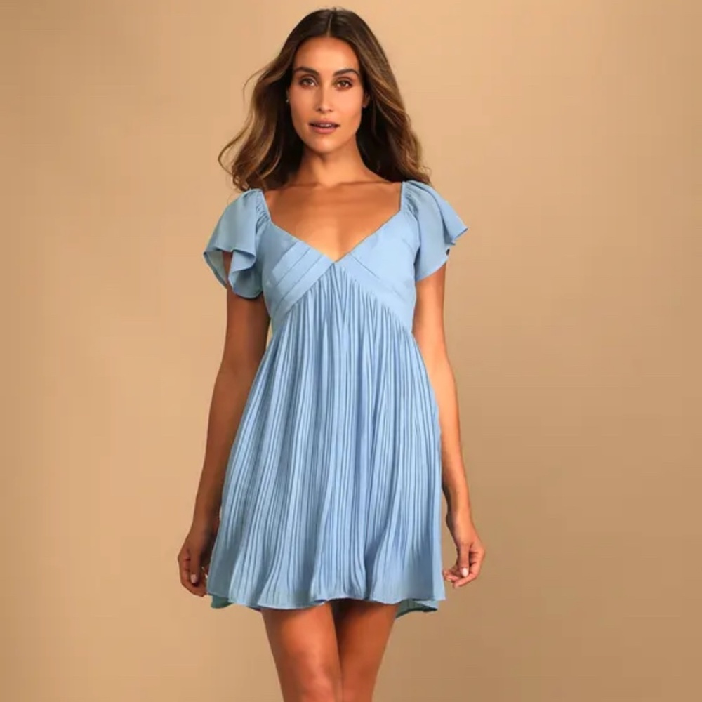 Amalfi Coast Light Blue Pleated Flutter Sleeve Mini Dress
